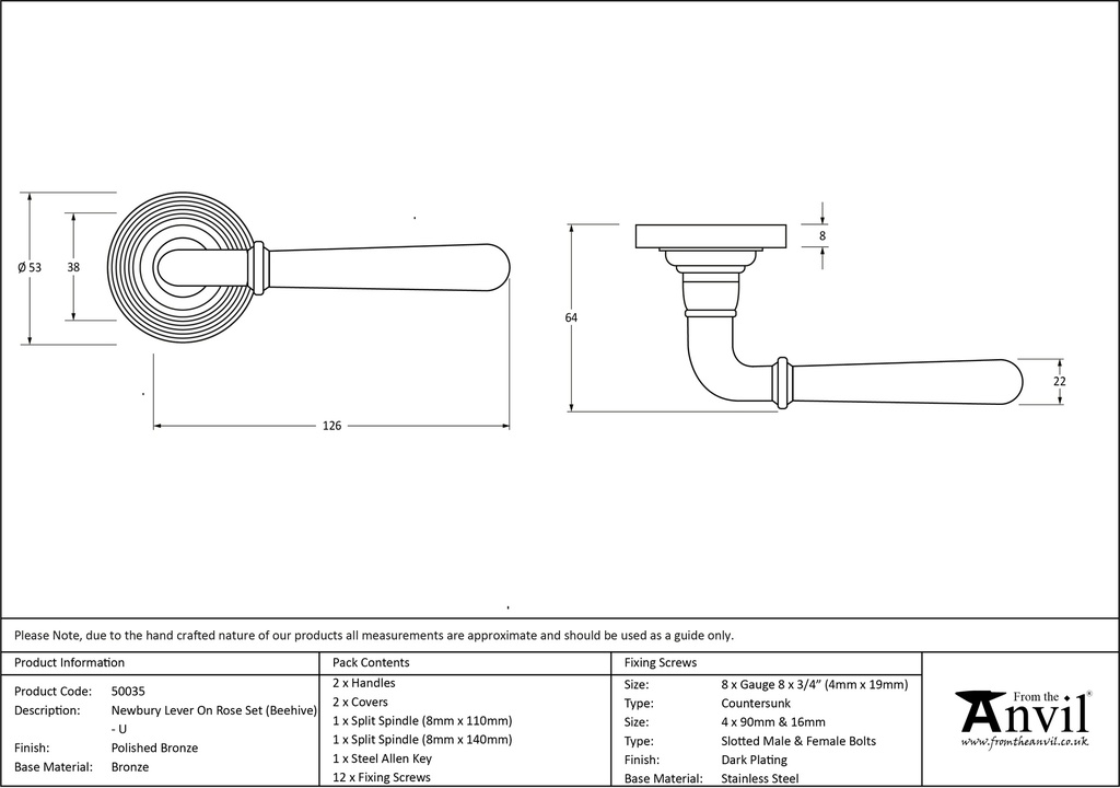Polished Bronze Newbury Lever on Rose Set (Beehive) - Unsprung - 50035 - Technical Drawing
