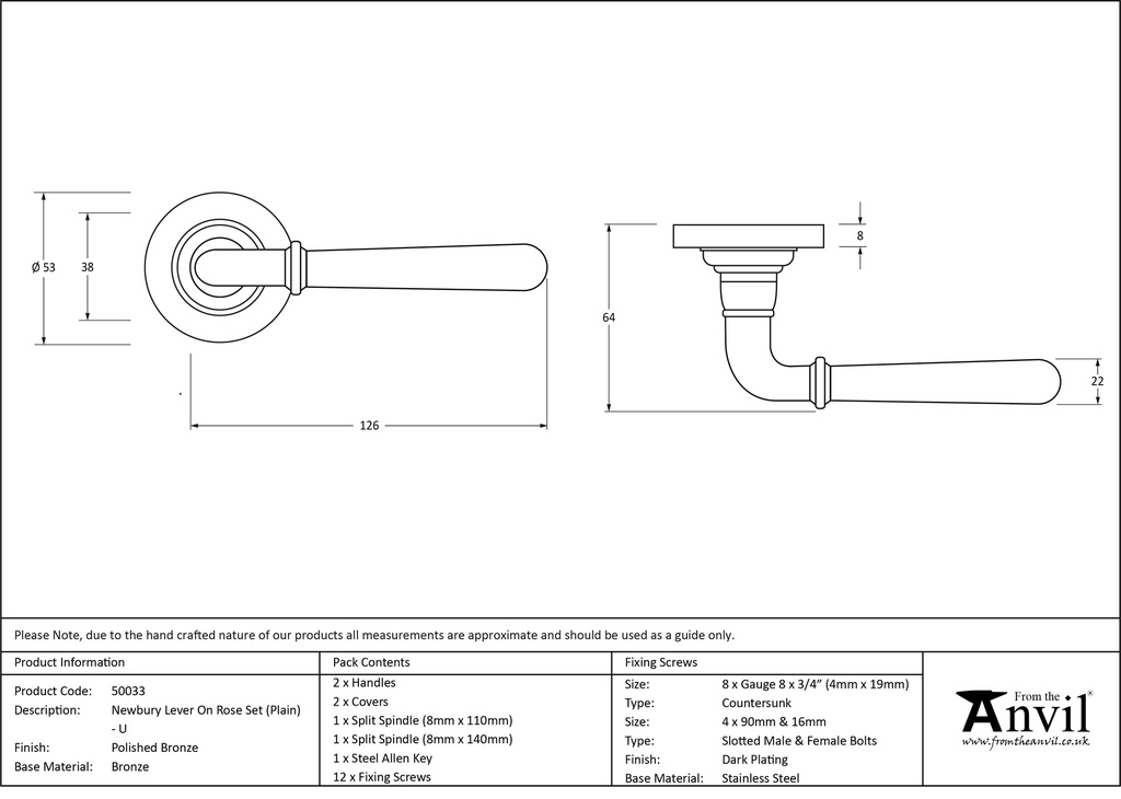 Polished Bronze Newbury Lever on Rose Set (Plain) - Unsprung - 50033 - Technical Drawing