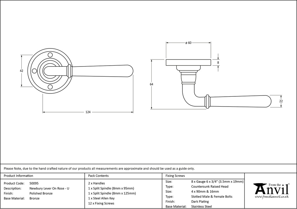 Polished Bronze Newbury Lever on Rose Set - Unsprung - 50095 - Technical Drawing