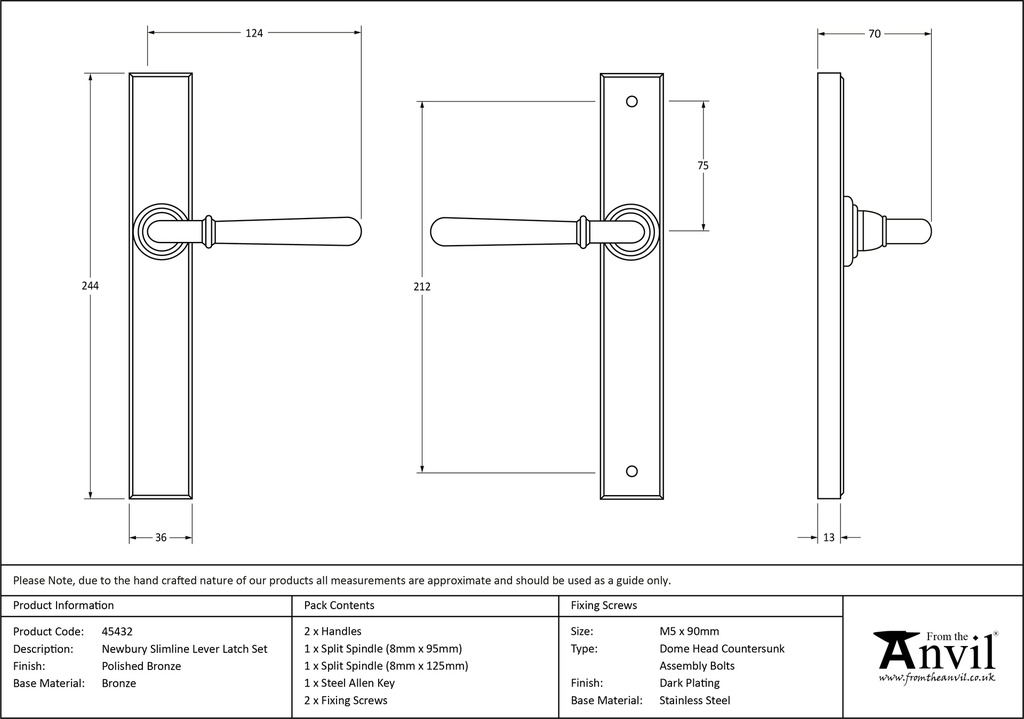 Polished Bronze Newbury Slimline Lever Latch Set - 45432 - Technical Drawing