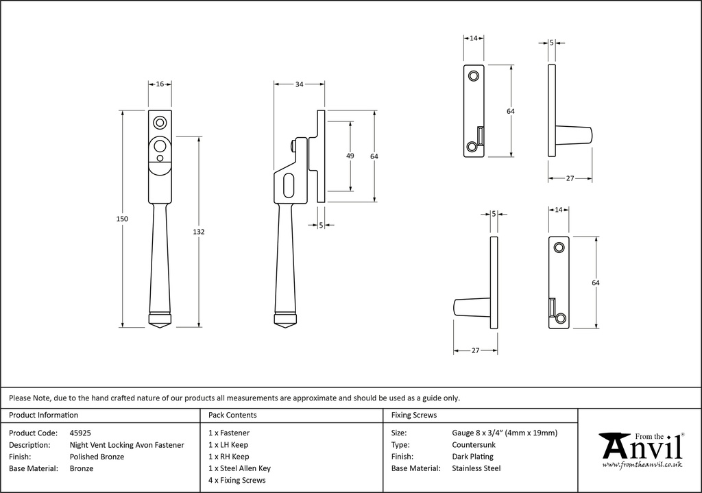 Polished Bronze Night-Vent Locking Avon Fastener - 45925 - Technical Drawing