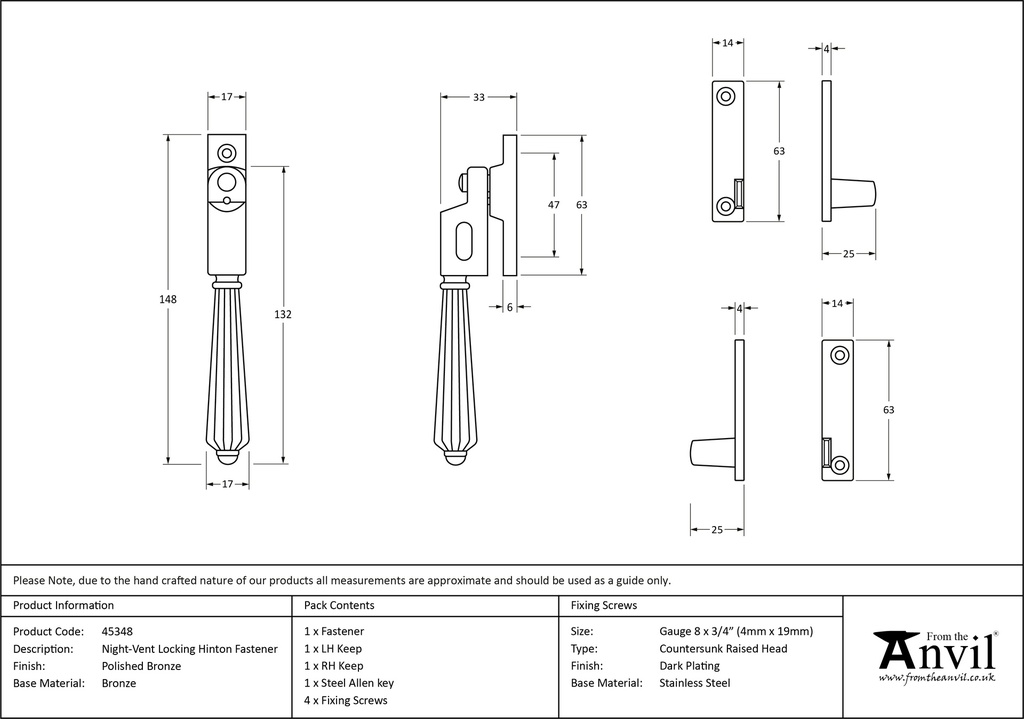 Polished Bronze Night-Vent Locking Hinton Fastener - 45348 - Technical Drawing