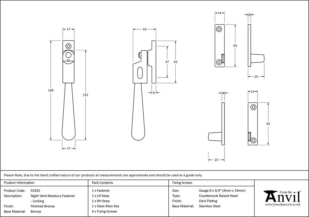 Polished Bronze Night-Vent Locking Newbury Fastener - 91952 - Technical Drawing