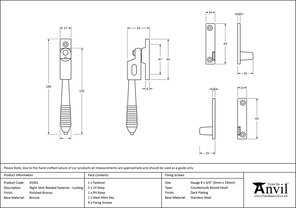 Polished Bronze Night-Vent Locking Reeded Fastener - 91941 - Technical Drawing