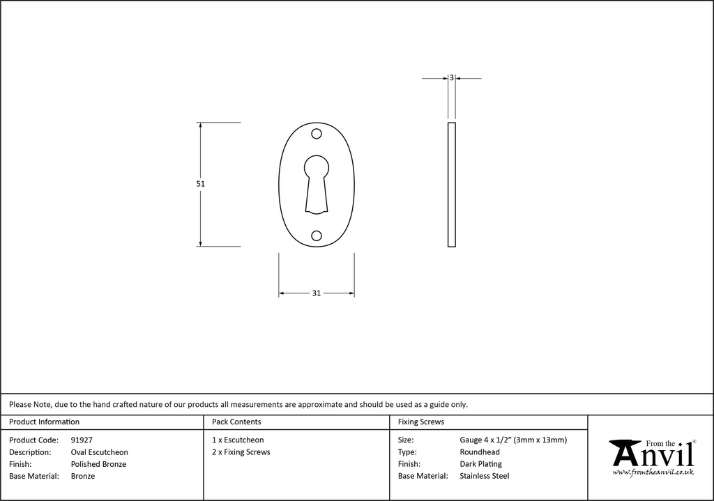 Polished Bronze Oval Escutcheon - 91927 - Technical Drawing