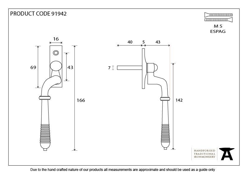 Polished Bronze Reeded Espag - LH - 91942 - Technical Drawing