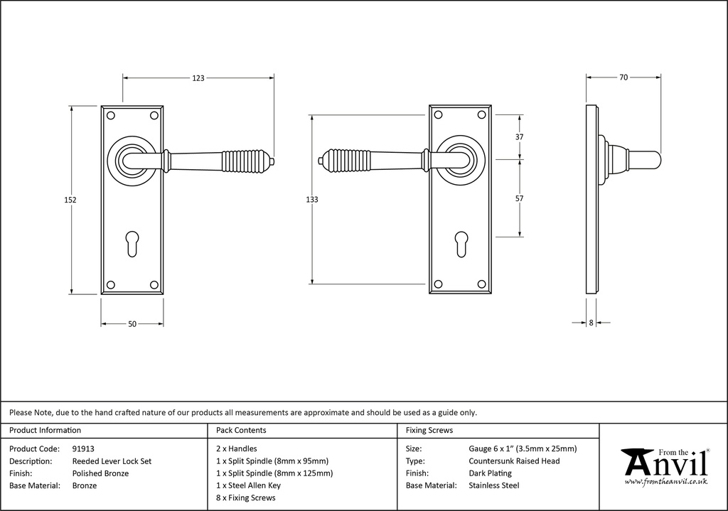 Polished Bronze Reeded Lever Lock Set - 91913 - Technical Drawing