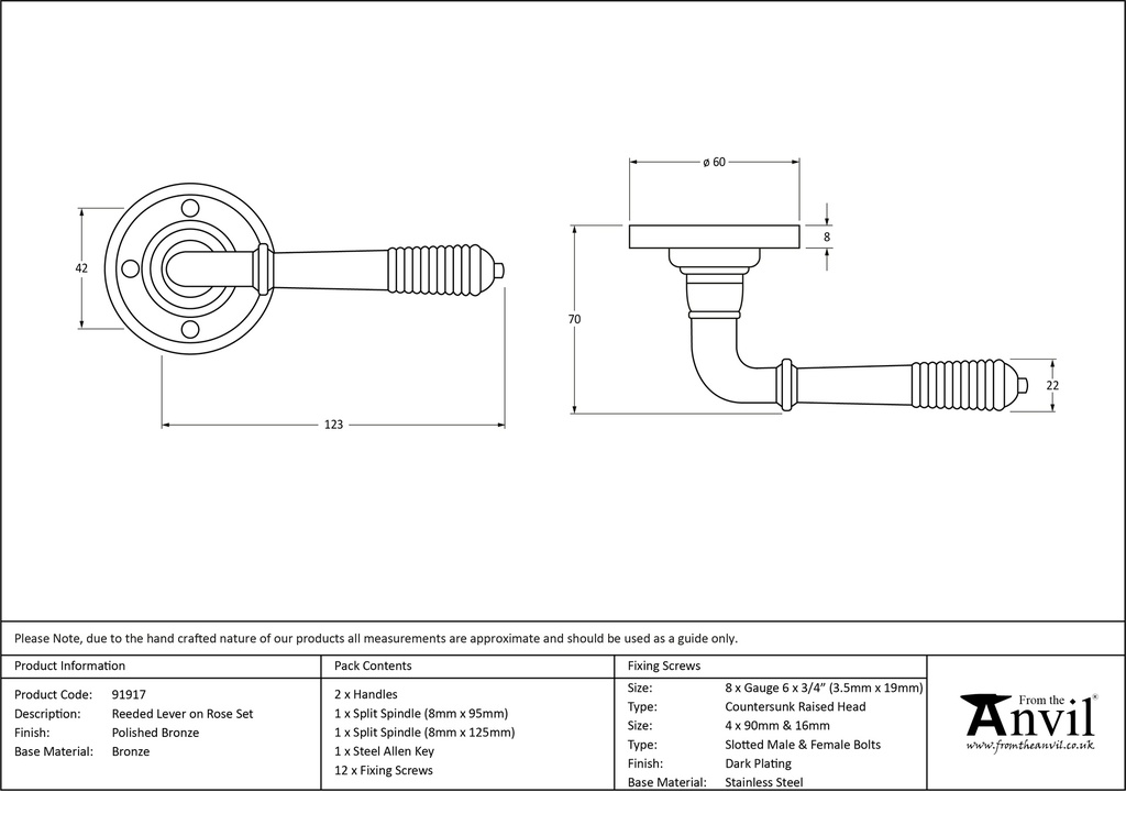 Polished Bronze Reeded Lever on Rose Set - 91917 - Technical Drawing