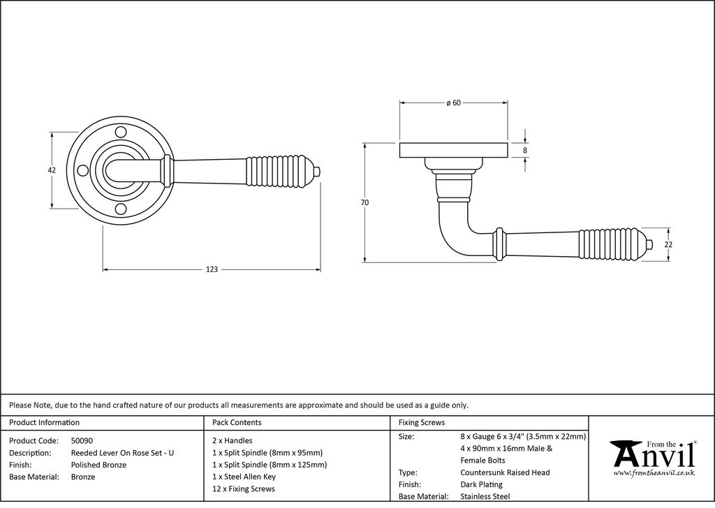 Polished Bronze Reeded Lever on Rose Set - Unsprung - 50090 - Technical Drawing