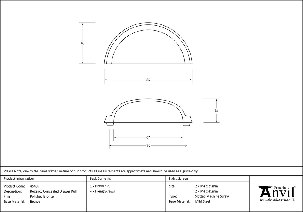 Polished Bronze Regency Concealed Drawer Pull - 45409 - Technical Drawing