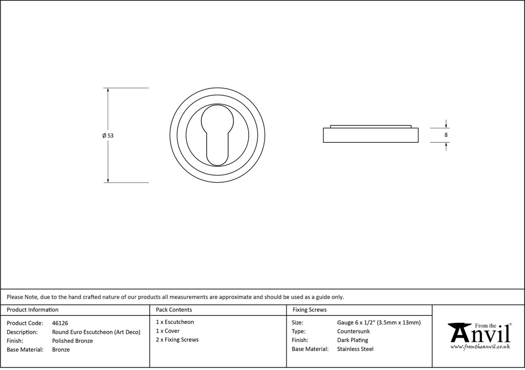 Polished Bronze Round Euro Escutcheon (Art Deco) - 46126 - Technical Drawing