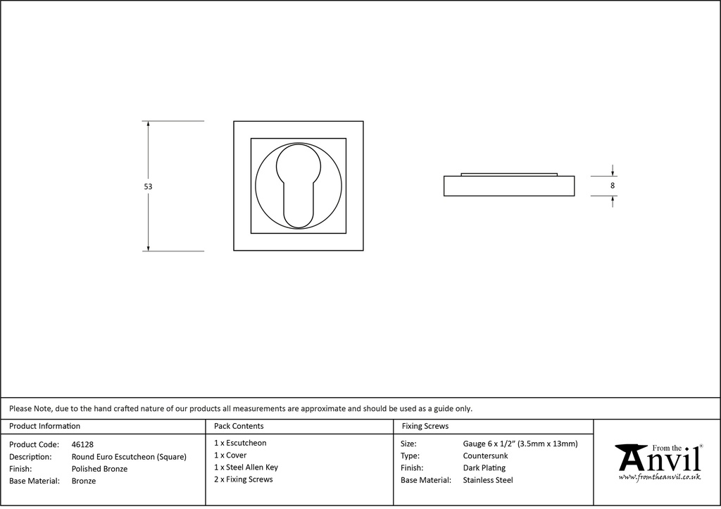 Polished Bronze Round Euro Escutcheon (Square) - 46128 - Technical Drawing