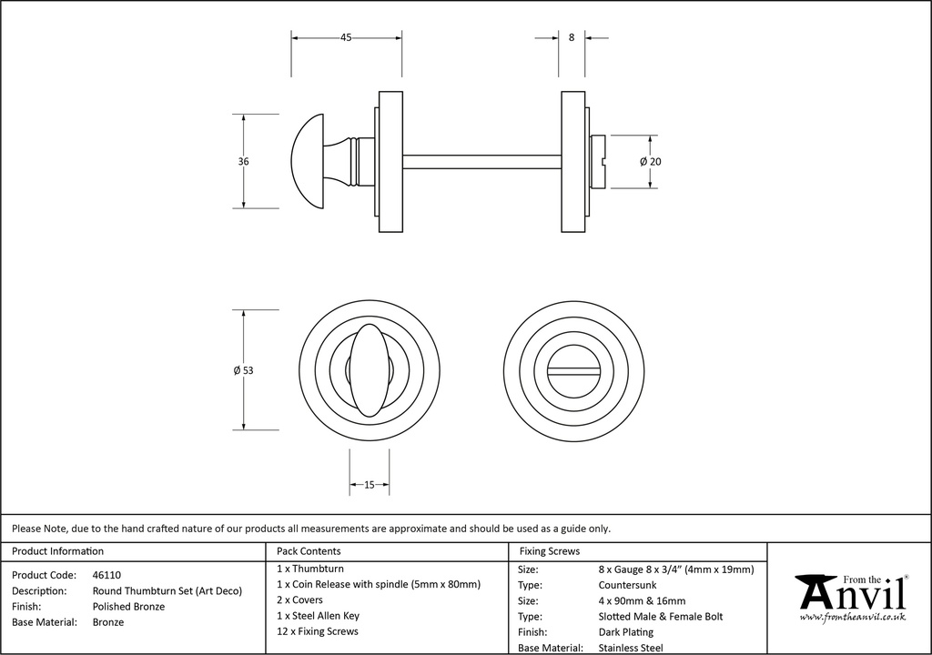 Polished Bronze Round Thumbturn Set (Art Deco) - 46110 - Technical Drawing