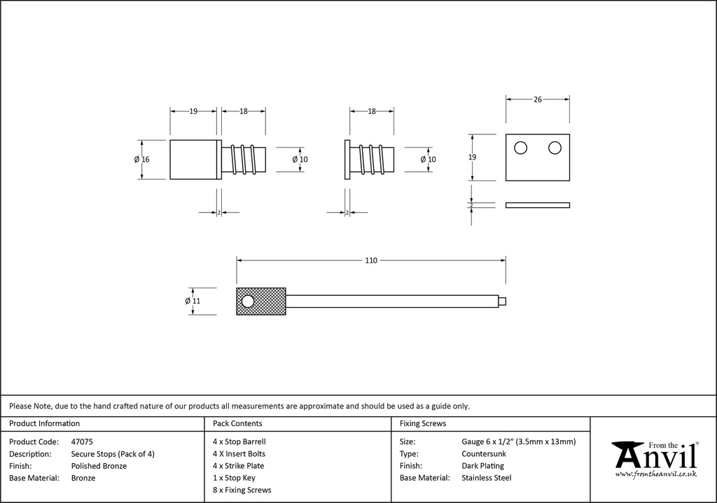 Polished Bronze Secure Stops (Pack of 4) - 47075 - Technical Drawing