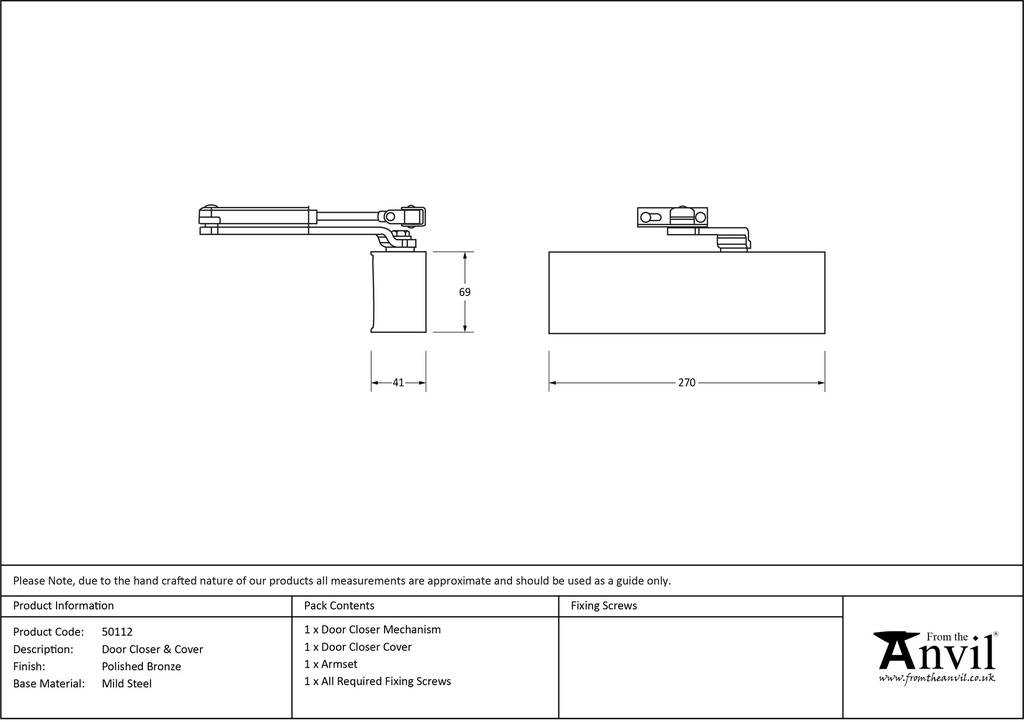 Polished Bronze Size 2-5 Door Closer &amp; Cover - 50112 - Technical Drawing