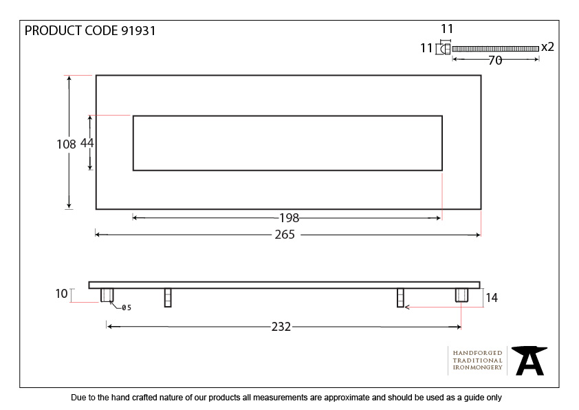 Polished Bronze Small Letter Plate - 91931 - Technical Drawing