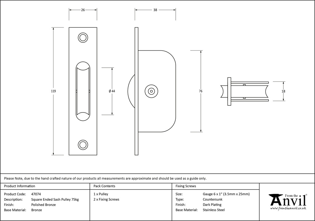 Polished Bronze Square Ended Sash Pulley 75kg - 47074 - Technical Drawing