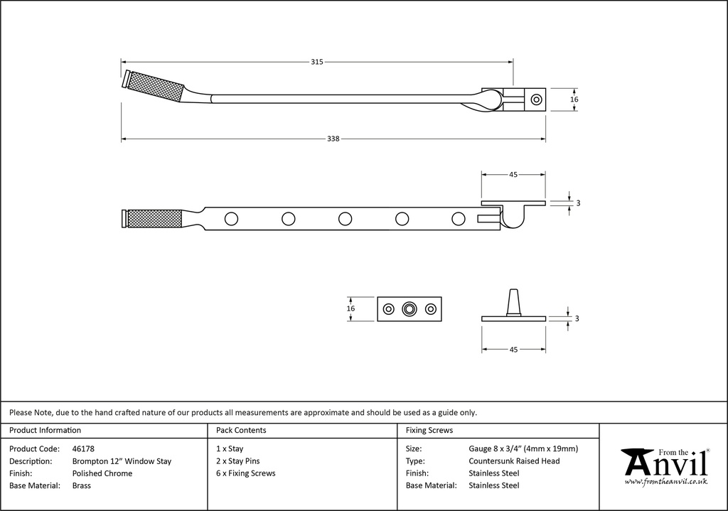 Polished Chrome 12&quot; Brompton Stay - 46178 - Technical Drawing