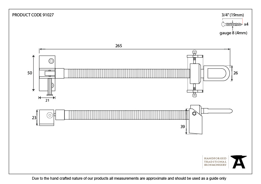 Polished Chrome 12" Fanlight Screw Opener - 91027 - Technical Drawing