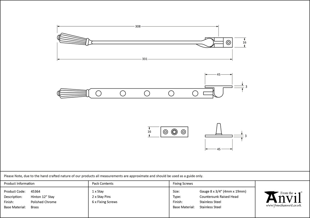 Polished Chrome 12" Hinton Stay - 45364 - Technical Drawing