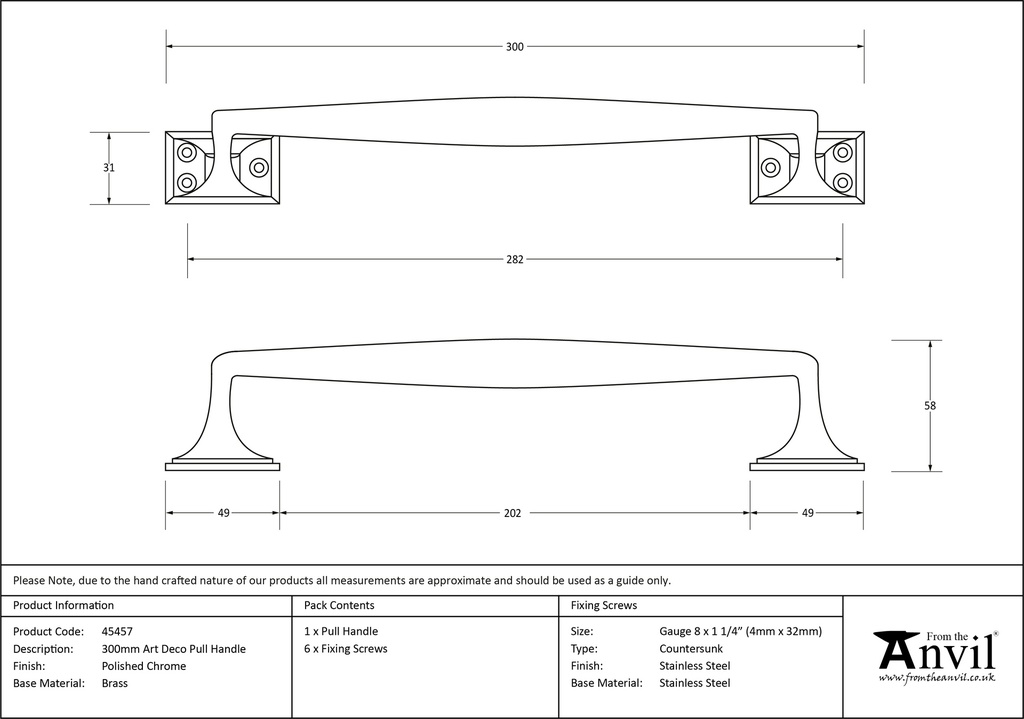 Polished Chrome 300mm Art Deco Pull Handle - 45457 - Technical Drawing