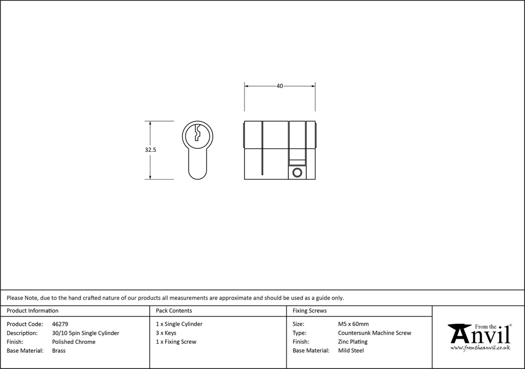 Polished Chrome 30/10 5pin Single Cylinder - 46279 - Technical Drawing