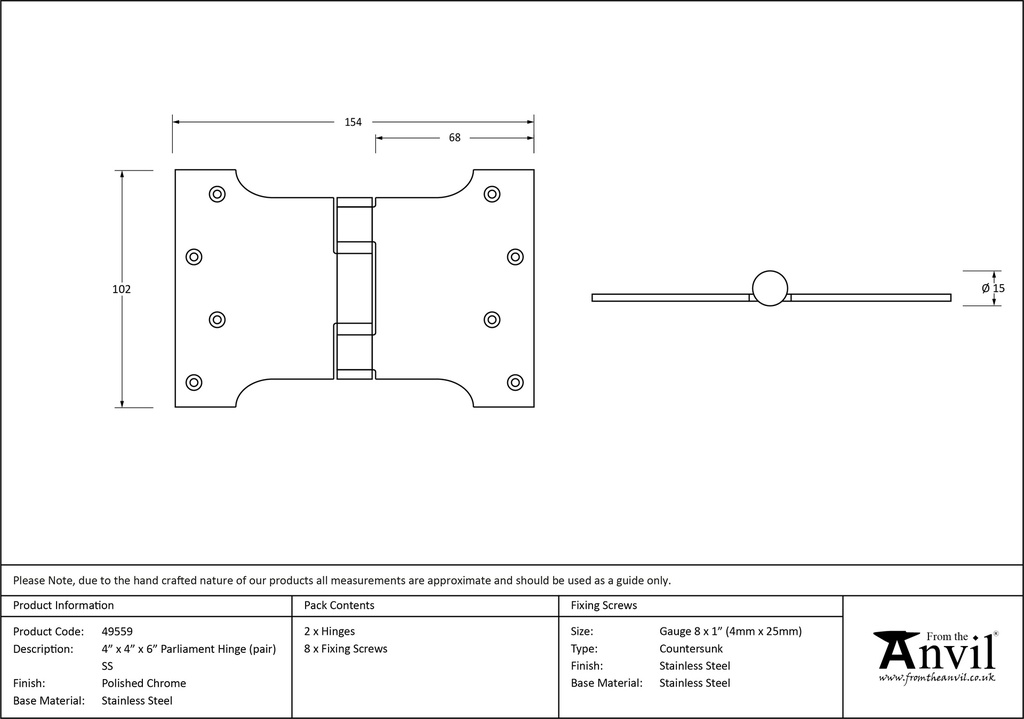 Polished Chrome 4&quot; x 4&quot; x 6&quot;  Parliament Hinge (pair) ss - 49559 - Technical Drawing