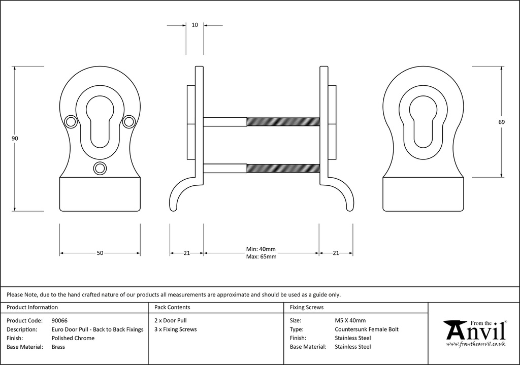 Polished Chrome 50mm Euro Door Pull (Back to Back fixings) - 90066 - Technical Drawing