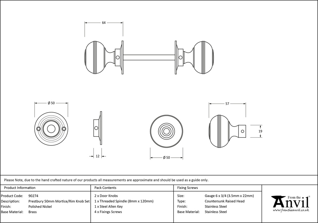 Polished Chrome 50mm Prestbury Mortice/Rim Knob Set - 90274 - Technical Drawing