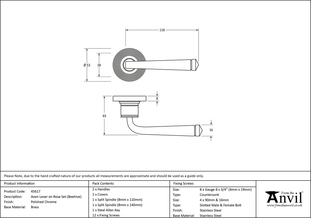 Polished Chrome Avon Round Lever on Rose Set (Beehive) - 45617 - Technical Drawing