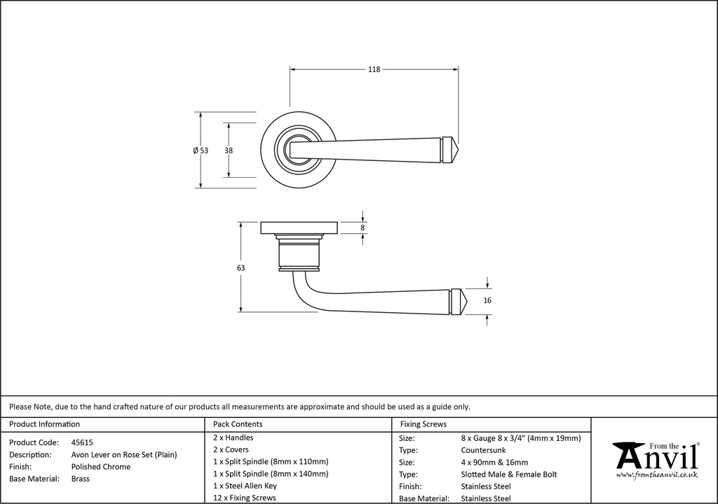 Polished Chrome Avon Round Lever on Rose Set (Plain) - 45615 - Technical Drawing