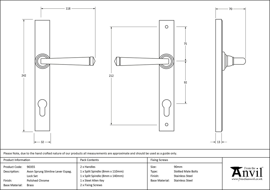 Polished Chrome Avon Slimline Lever Espag. Lock Set - 90355 - Technical Drawing