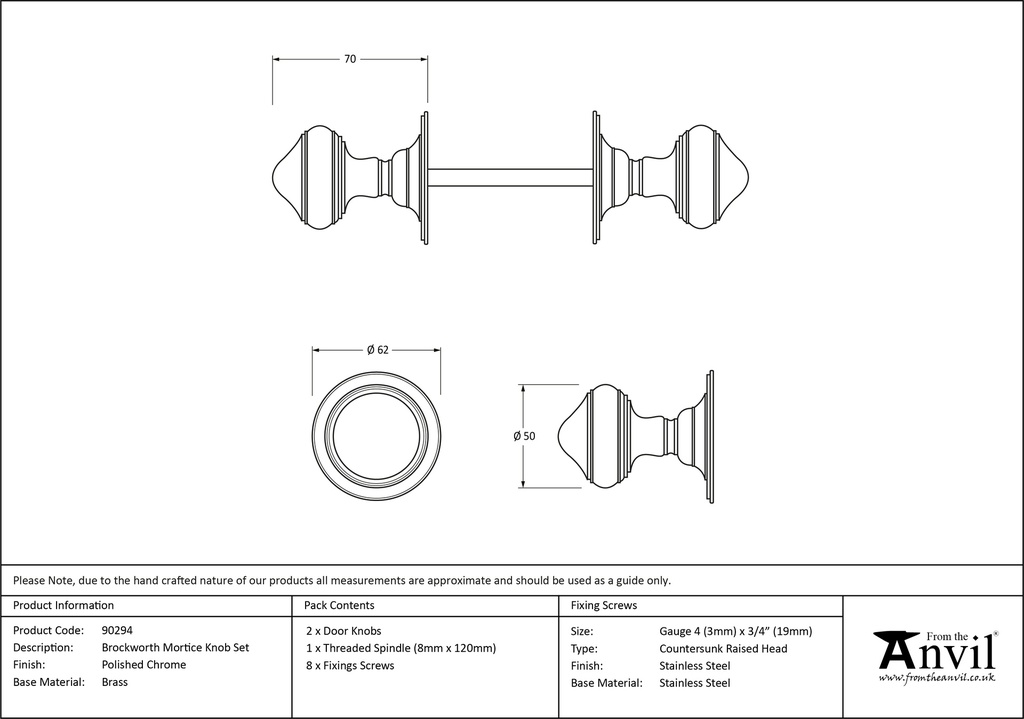 Polished Chrome Brockworth Mortice Knob Set - 90294 - Technical Drawing