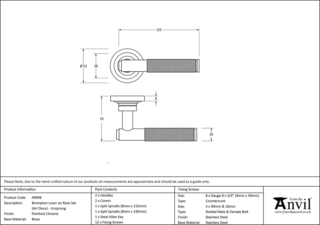 Polished Chrome Brompton Lever on Rose Set (Art Deco) - Unsprungnsprung - 49998 - Technical Drawing