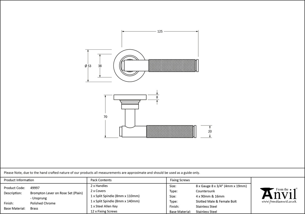 Polished Chrome Brompton Lever on Rose Set (Plain) - Unsprungnsprung - 49997 - Technical Drawing