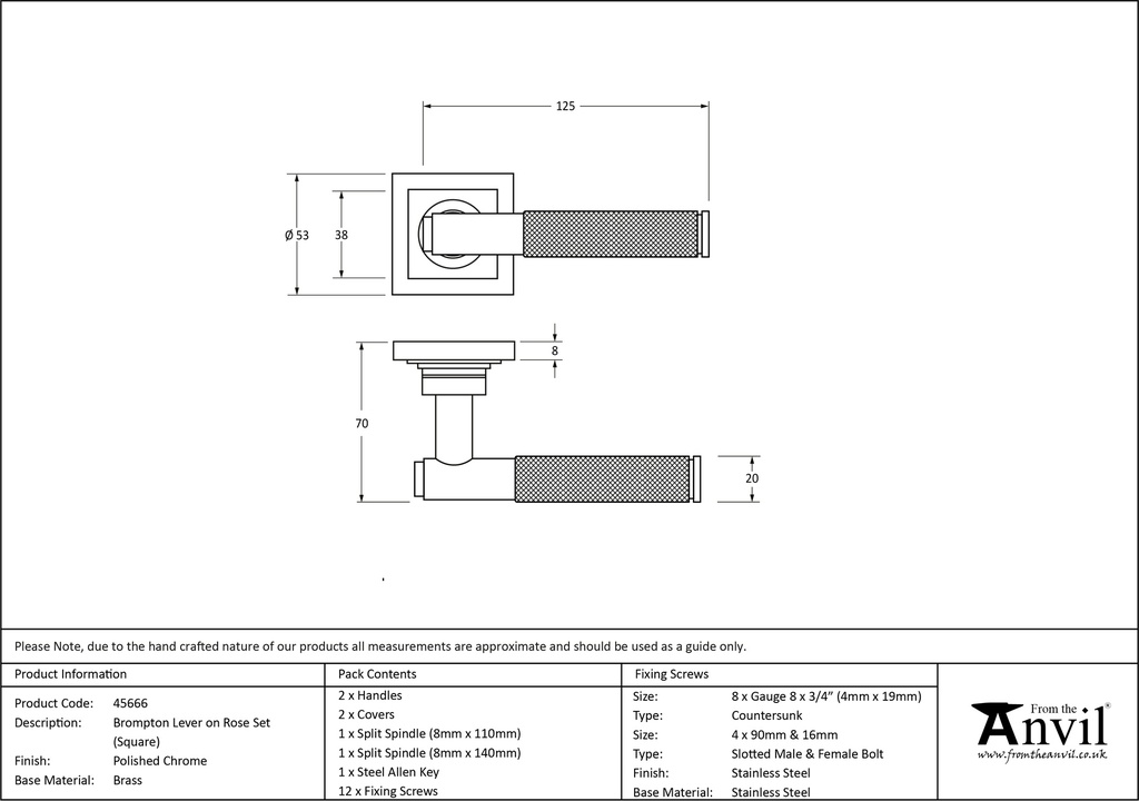 Polished Chrome Brompton Lever on Rose Set (Square) - 45666 - Technical Drawing