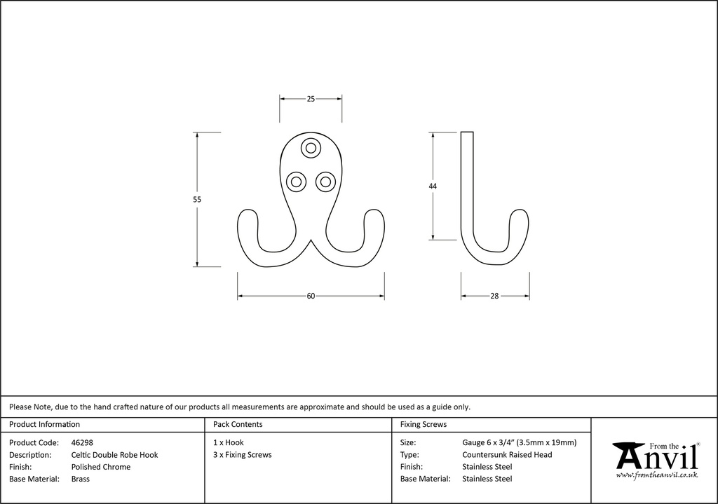 Polished Chrome Celtic Double Robe Hook - 46298 - Technical Drawing