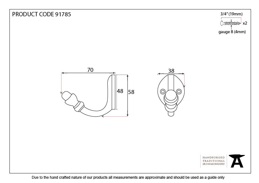 Polished Chrome Coat Hook - 91785 - Technical Drawing