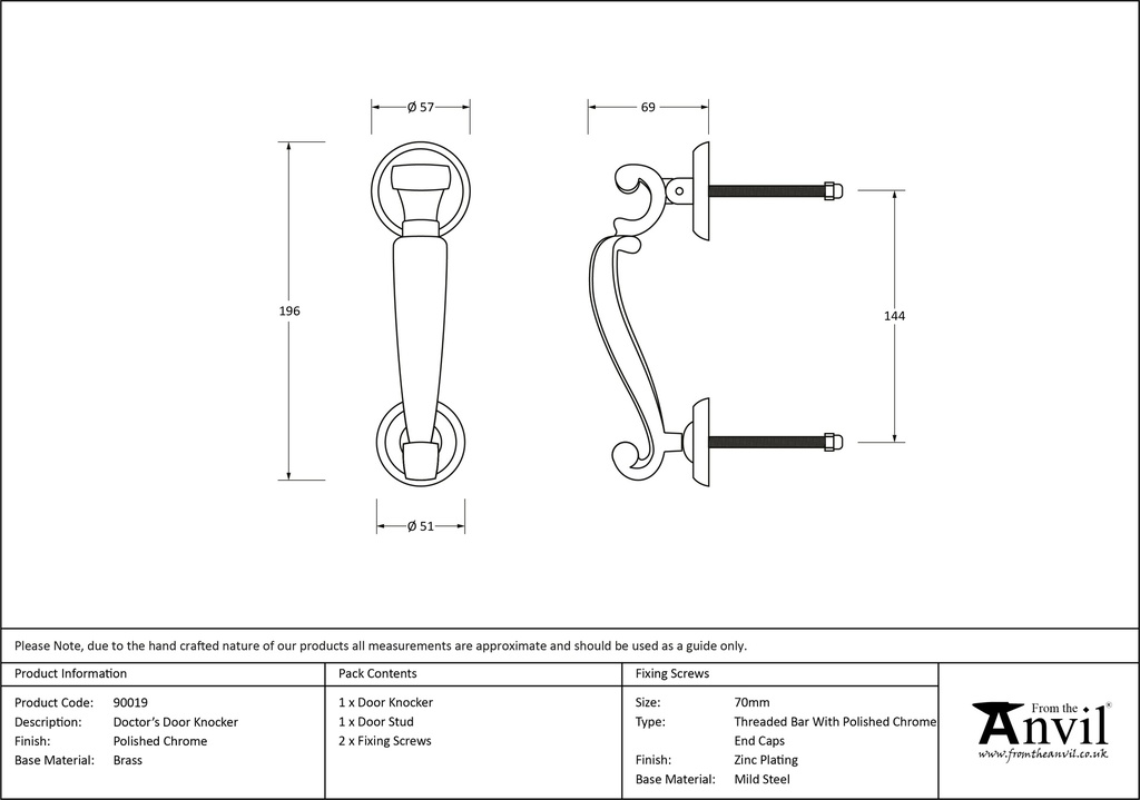 Polished Chrome Doctors Door Knocker - 90019 - Technical Drawing