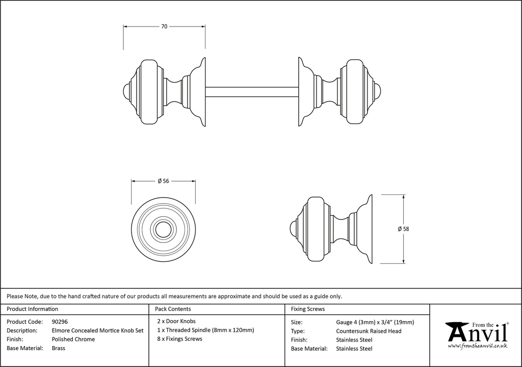 Polished Chrome Elmore Concealed Mortice Knob Set - 90296 - Technical Drawing