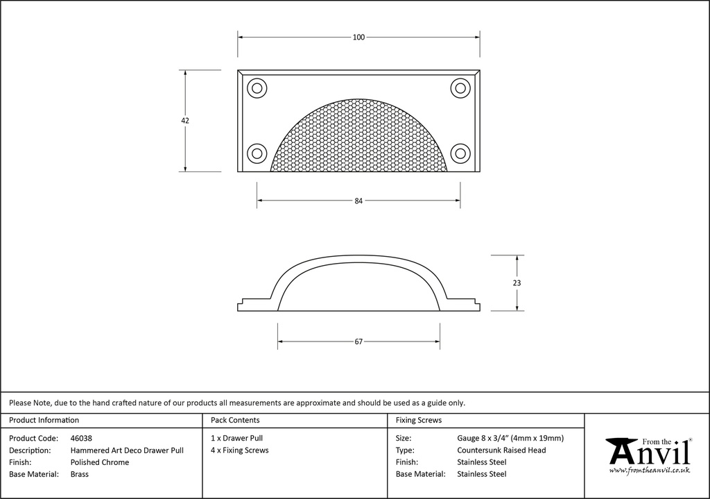 Polished Chrome Hammered Art Deco Drawer Pull - 46038 - Technical Drawing