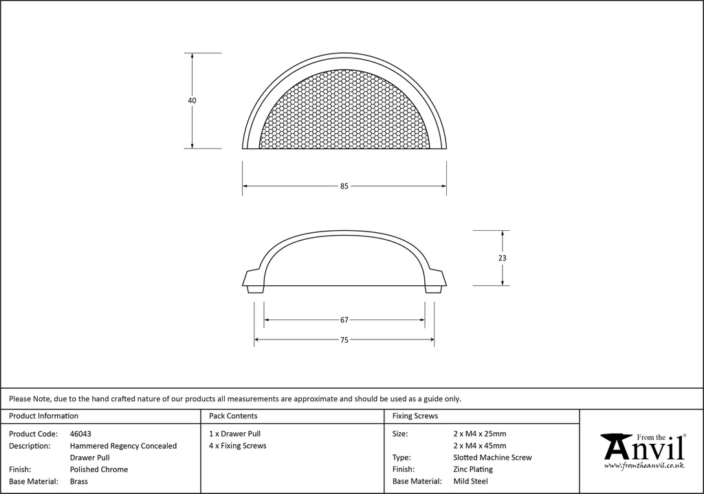 Polished Chrome Hammered Regency Concealed Drawer Pull - 46043 - Technical Drawing