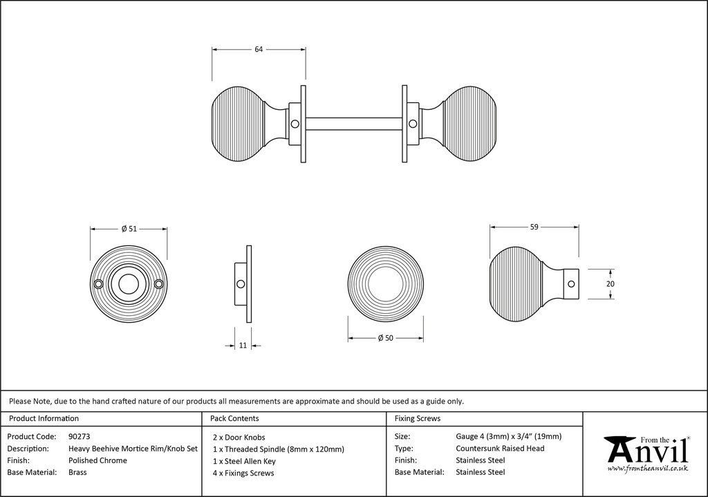 Polished Chrome Heavy Beehive Mortice/Rim Knob Set - 90273 - Technical Drawing