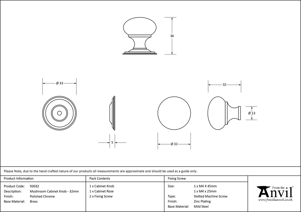 Polished Chrome Mushroom Cabinet Knob 32mm - 92032 - Technical Drawing