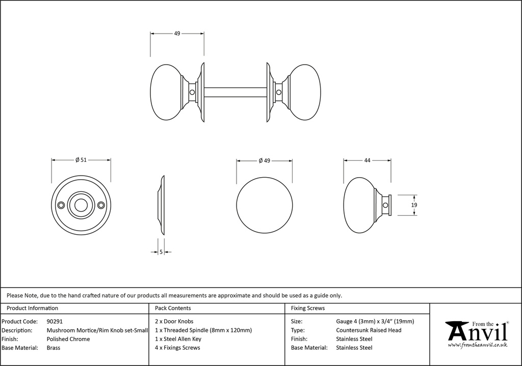 Polished Chrome Mushroom Mortice/Rim Knob Set - 90291 - Technical Drawing