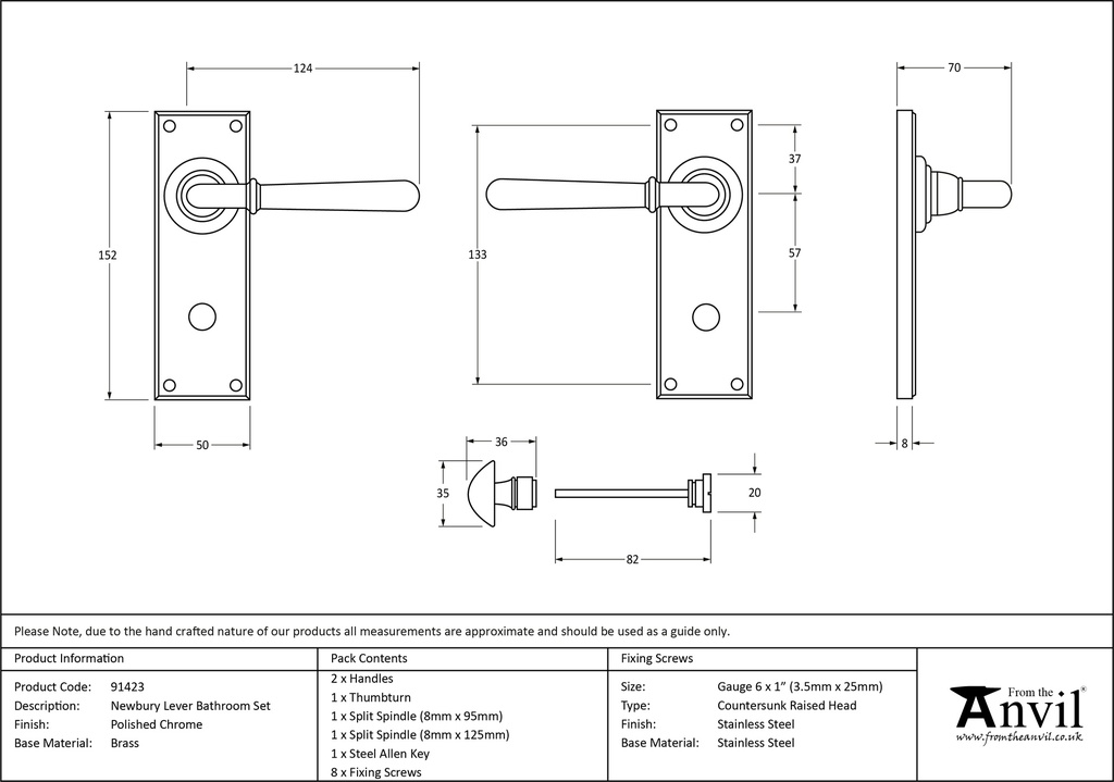 Polished Chrome Newbury Lever Bathroom Set - 91423 - Technical Drawing