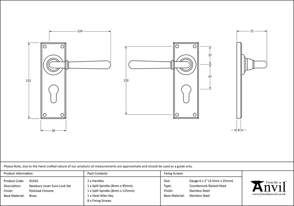 Polished Chrome Newbury Lever Euro Set - 91424 - Technical Drawing