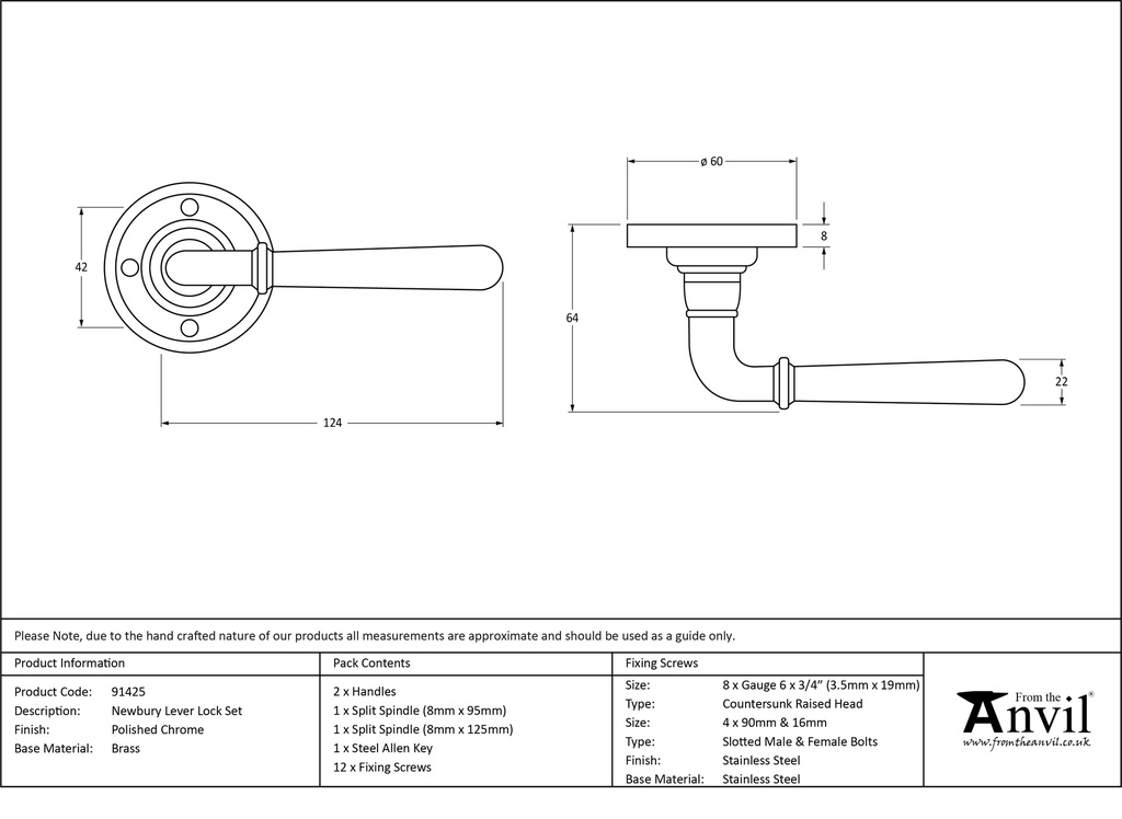 Polished Chrome Newbury Lever on Rose Set - 91425 - Technical Drawing