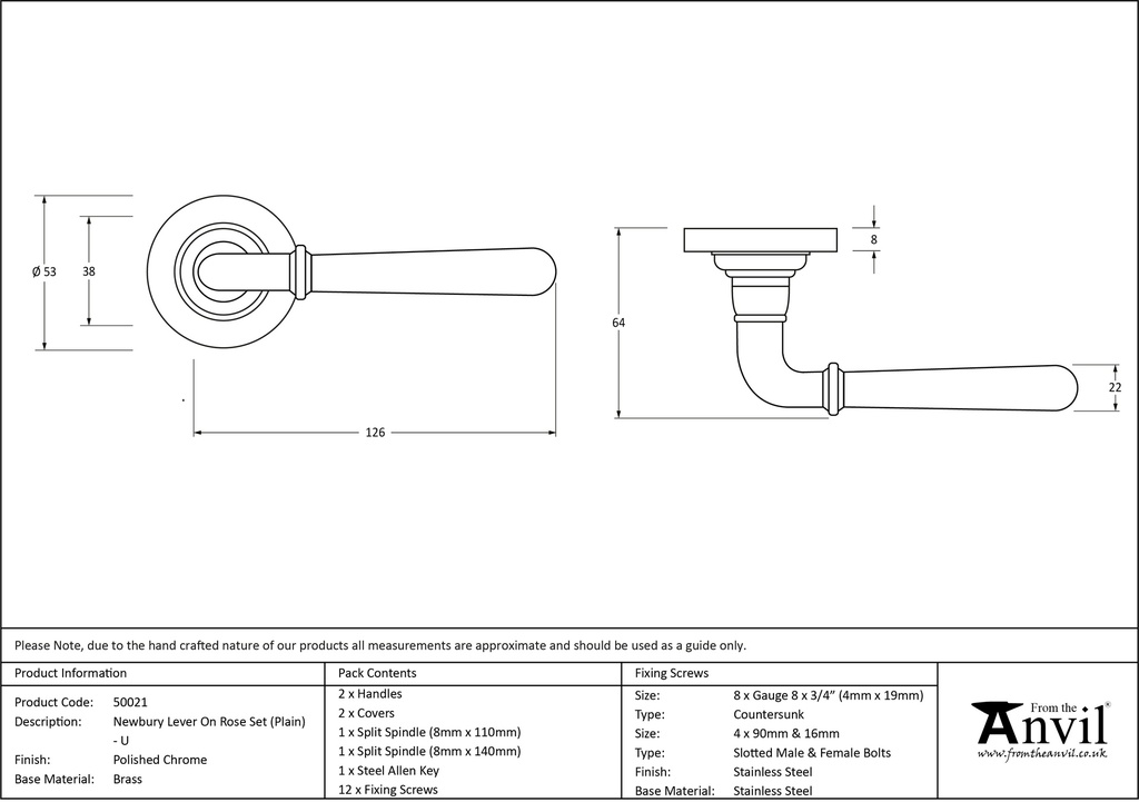 Polished Chrome Newbury Lever on Rose Set (Plain) - Unsprung - 50021 - Technical Drawing