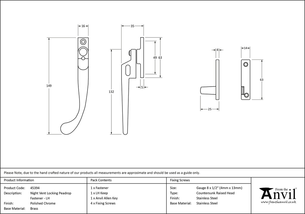 Polished Chrome Night-Vent Locking Peardrop Fastener - LH - 45394 - Technical Drawing